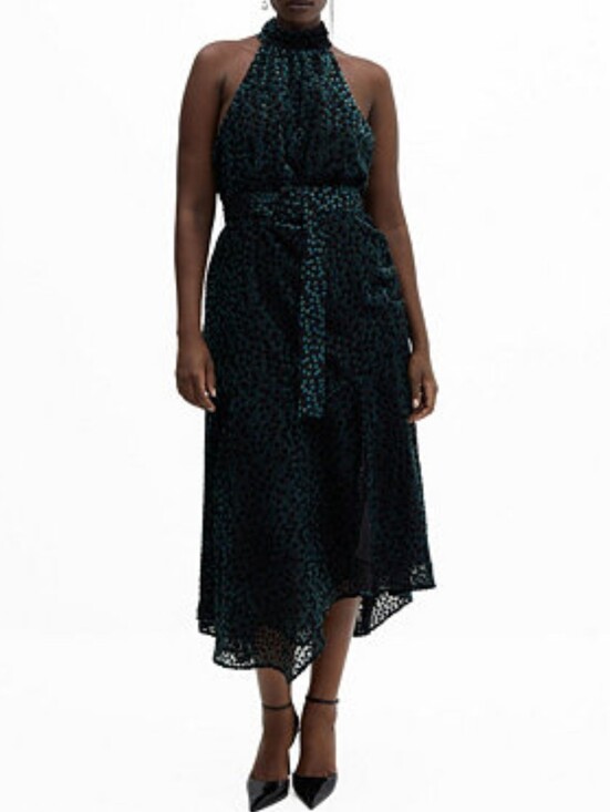 Mango Dresses & Skirts - Mango MNG Velvet Polka Dot Halter Maxi Dress Black Teal Devore Belted Size 6